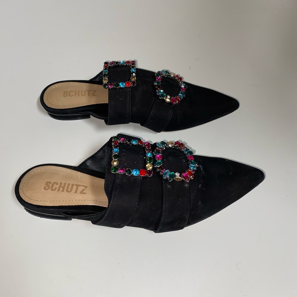 Schultz Rebeca Black Suede with Multi color stones Brooches   Sz 6 B